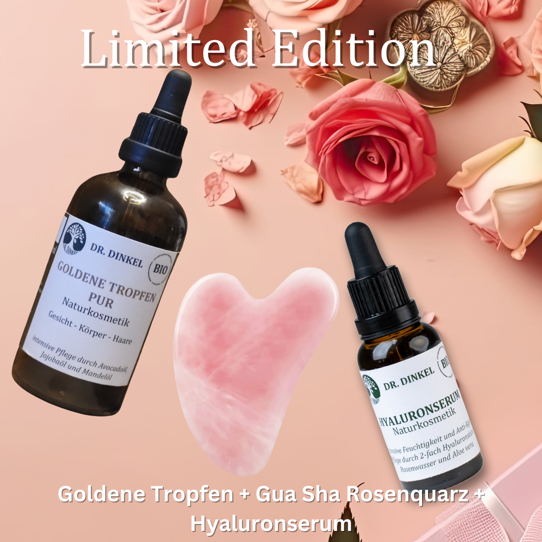 ❤️Limited Edition❤️ Goldene Tropfen pur + Gua Sha Rosenquarz + Hyaluronserum