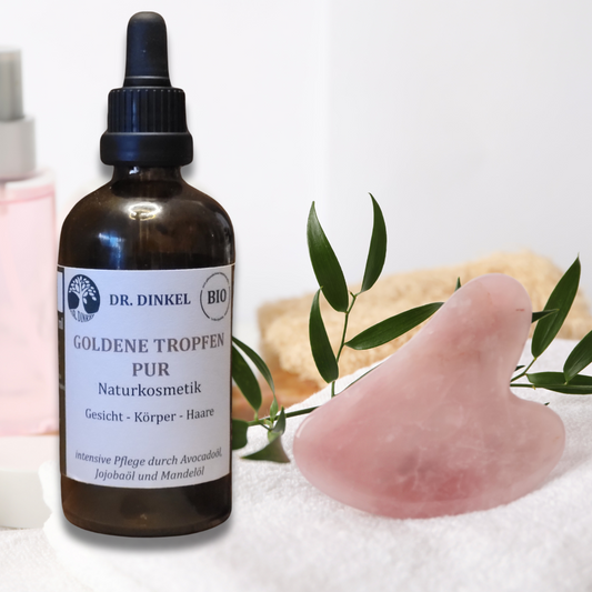 Goldene Tropfen pur +  Gua Sha Rosenquarz oder Jade