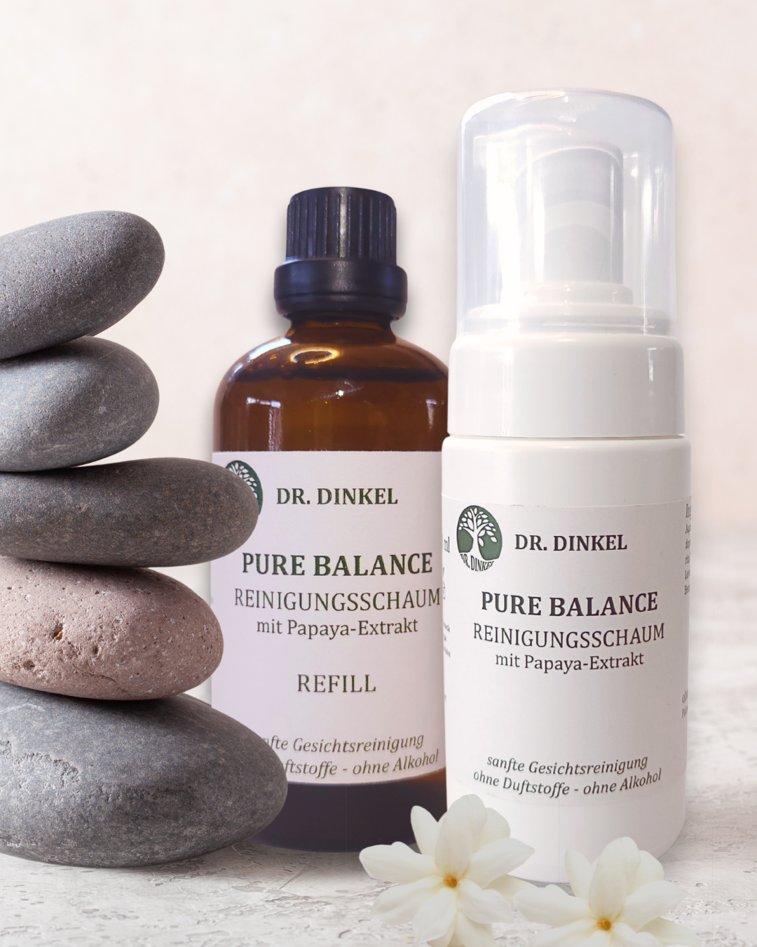 Dr. Dinkel Pure Balance Reinigungsschaum Duo - ohne Duftstoffe - 100 ml Reinigungsschaum + 100 ml in nachhaltiger Nachfüllflasche aus Glas
