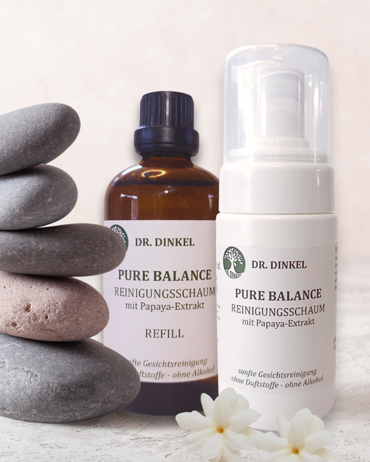 Dr. Dinkel Pure Balance Reinigungsschaum Duo - ohne Duftstoffe - 100 ml Reinigungsschaum + 100 ml in nachhaltiger Nachfüllflasche aus Glas